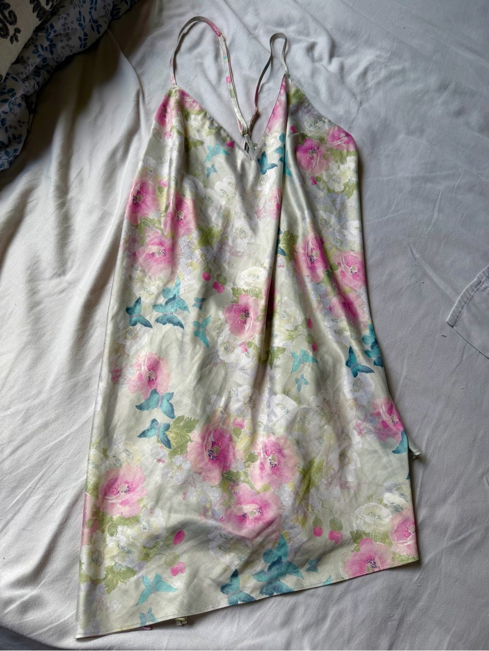 Victoria's Secret Silky Open Back Slip with Pink & Blue Blooms